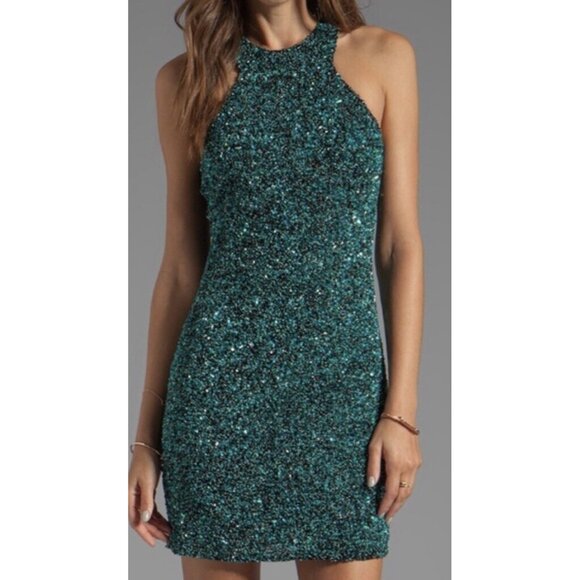 Parker Sequins Beaded Halter Mini Dress Womens Small Green Party Prom Holiday - Picture 1 of 16